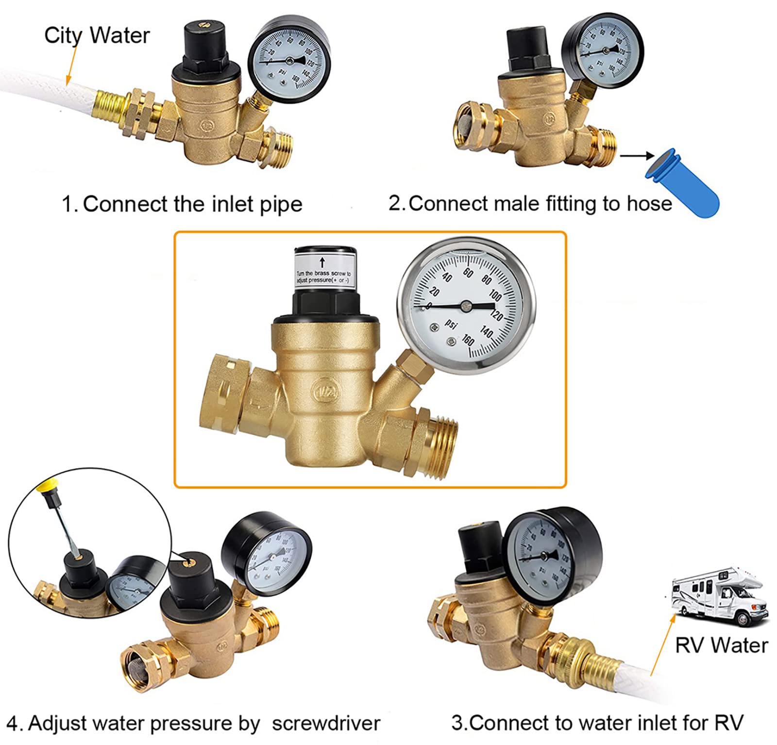 RV Water Pressure Regulator,Water Pressure Regulator for RV Camper Adjustable,RV Water Pressure Regulator with Gauge 160psi,Adjustable Water Pressure Regulator for RV Camper Travel Trailer