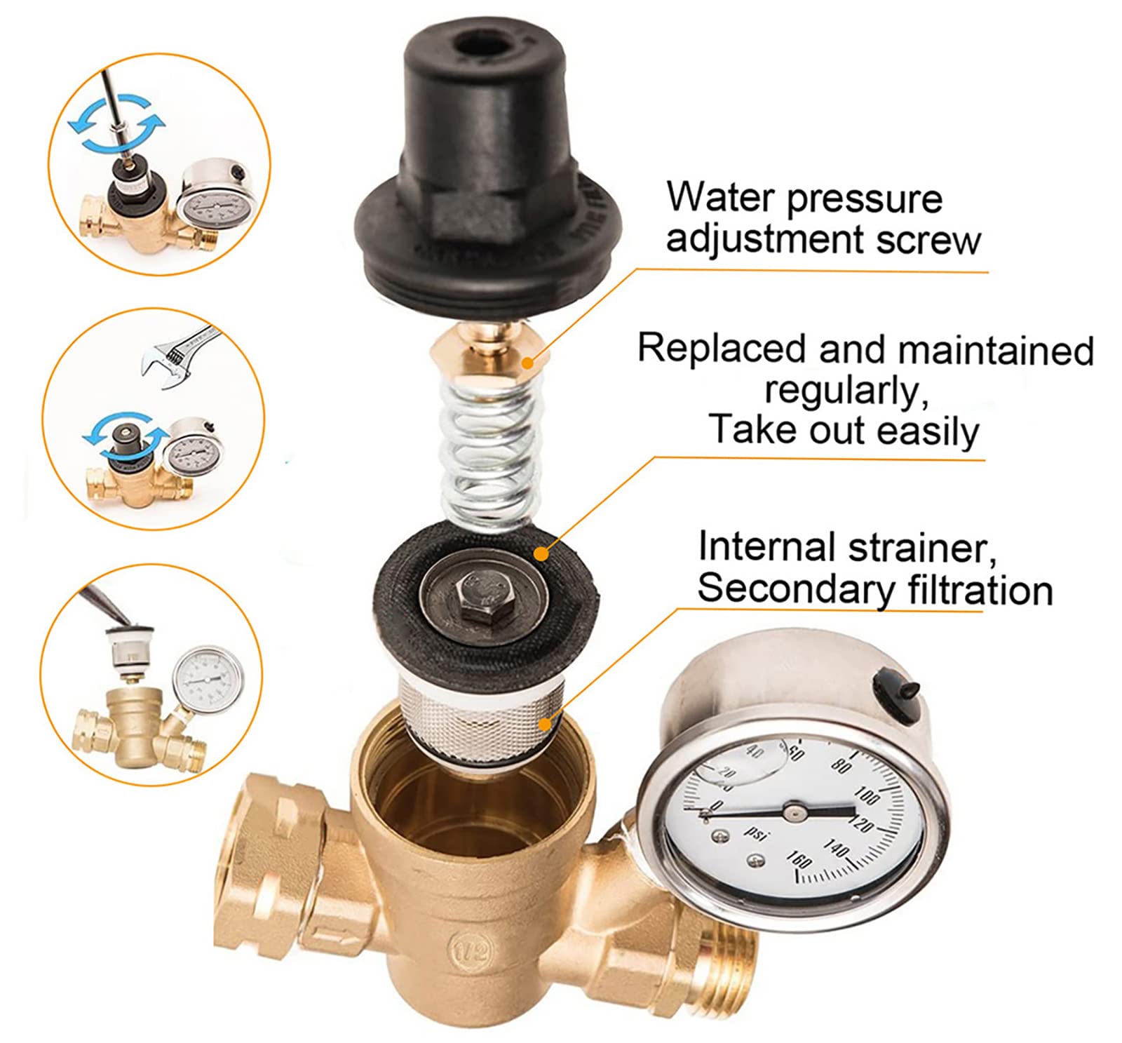 RV Water Pressure Regulator,Water Pressure Regulator for RV Camper Adjustable,RV Water Pressure Regulator with Gauge 160psi,Adjustable Water Pressure Regulator for RV Camper Travel Trailer