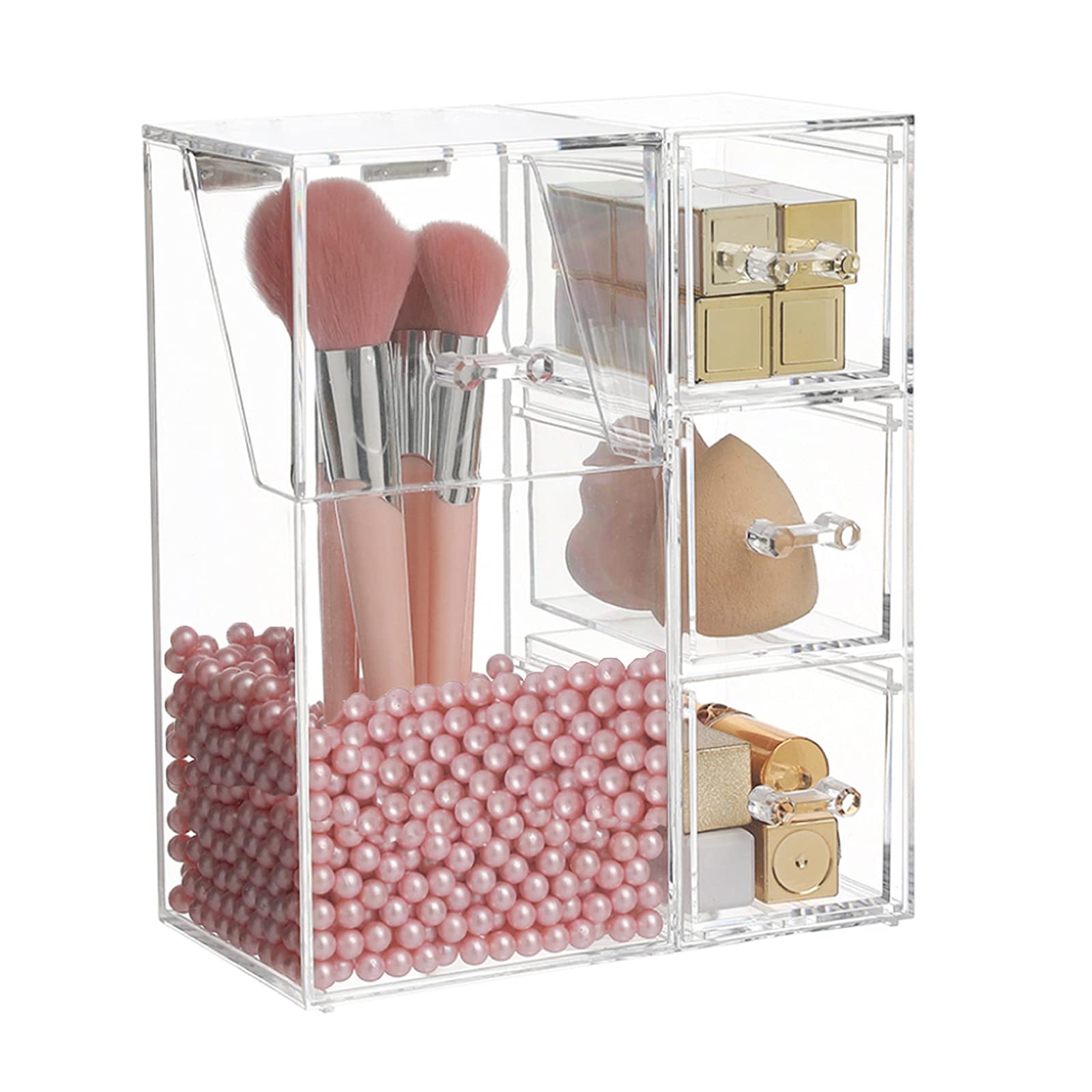 HOSEN Acrylic Makeup Organizer and Brush Holder With Lid Make up Organizer With Pearls Cosmetics Organizer Makeup Brushes Holder With 3 Drawers