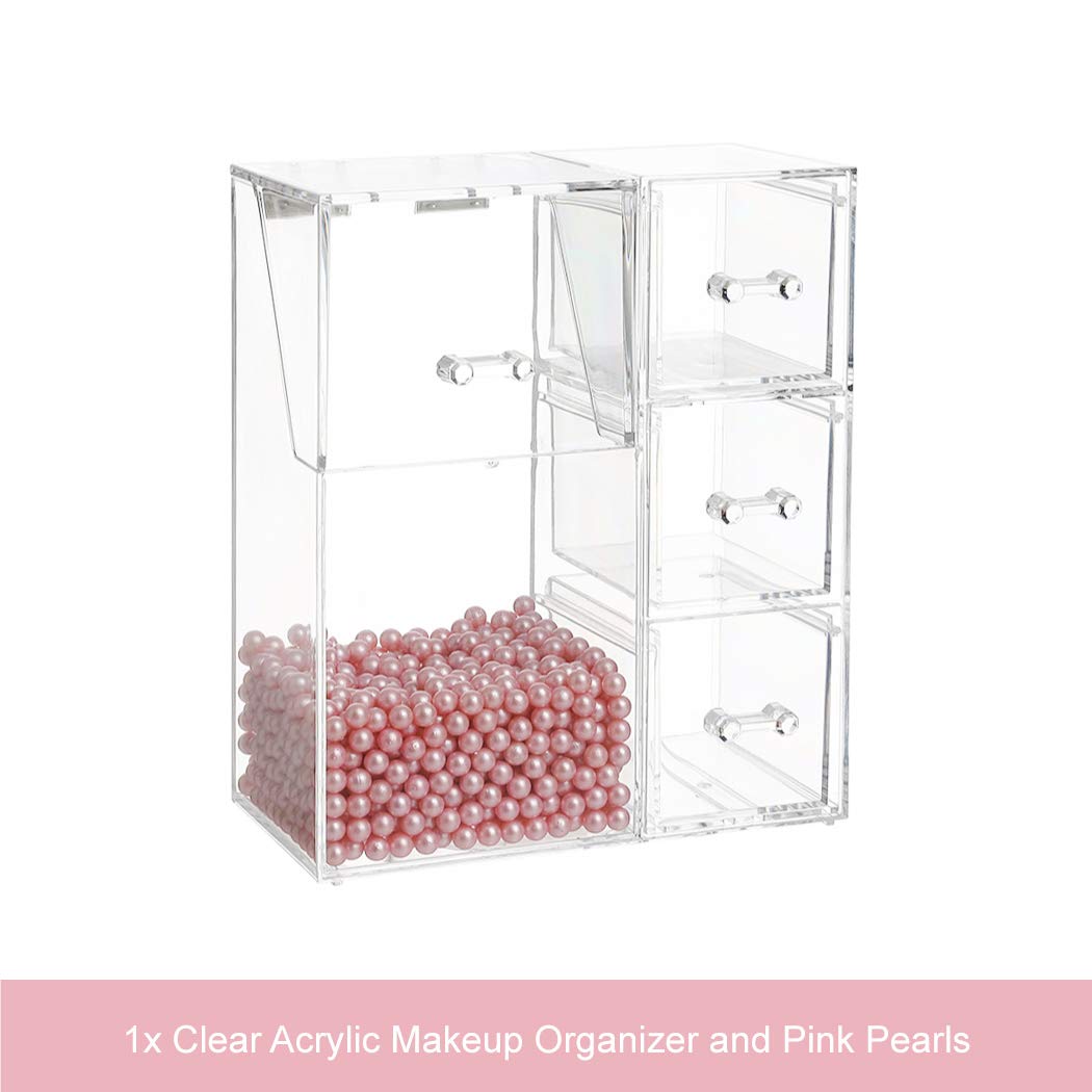 HOSEN Acrylic Makeup Organizer and Brush Holder With Lid Make up Organizer With Pearls Cosmetics Organizer Makeup Brushes Holder With 3 Drawers