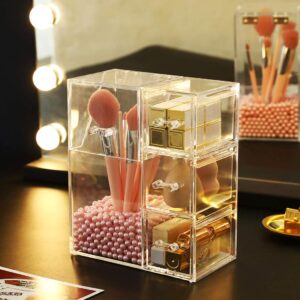 HOSEN Acrylic Makeup Organizer and Brush Holder With Lid Make up Organizer With Pearls Cosmetics Organizer Makeup Brushes Holder With 3 Drawers