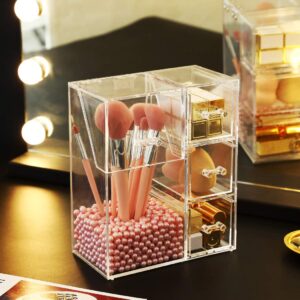 HOSEN Acrylic Makeup Organizer and Brush Holder With Lid Make up Organizer With Pearls Cosmetics Organizer Makeup Brushes Holder With 3 Drawers