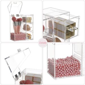 HOSEN Acrylic Makeup Organizer and Brush Holder With Lid Make up Organizer With Pearls Cosmetics Organizer Makeup Brushes Holder With 3 Drawers