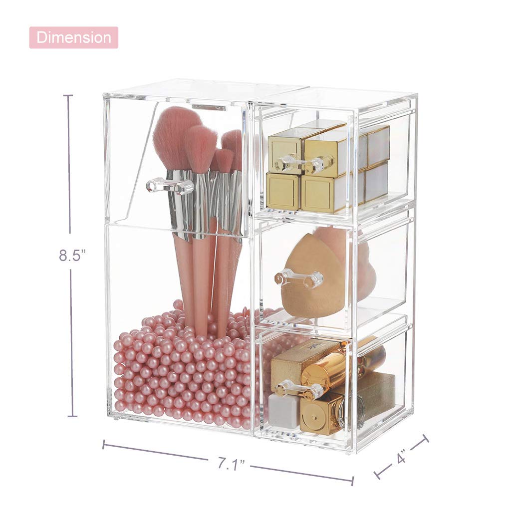 HOSEN Acrylic Makeup Organizer and Brush Holder With Lid Make up Organizer With Pearls Cosmetics Organizer Makeup Brushes Holder With 3 Drawers