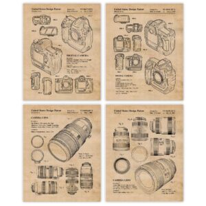 vintage dslr camera lens patent prints, 4 (8x10) unframed photos, wall art decor gifts under 20 for home office man cave school college student teacher photography film theater nikon engineer champs