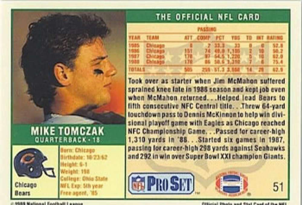 1989 Pro Set Football #51 Mike Tomczak Chicago Bears The Official Card of the NFL