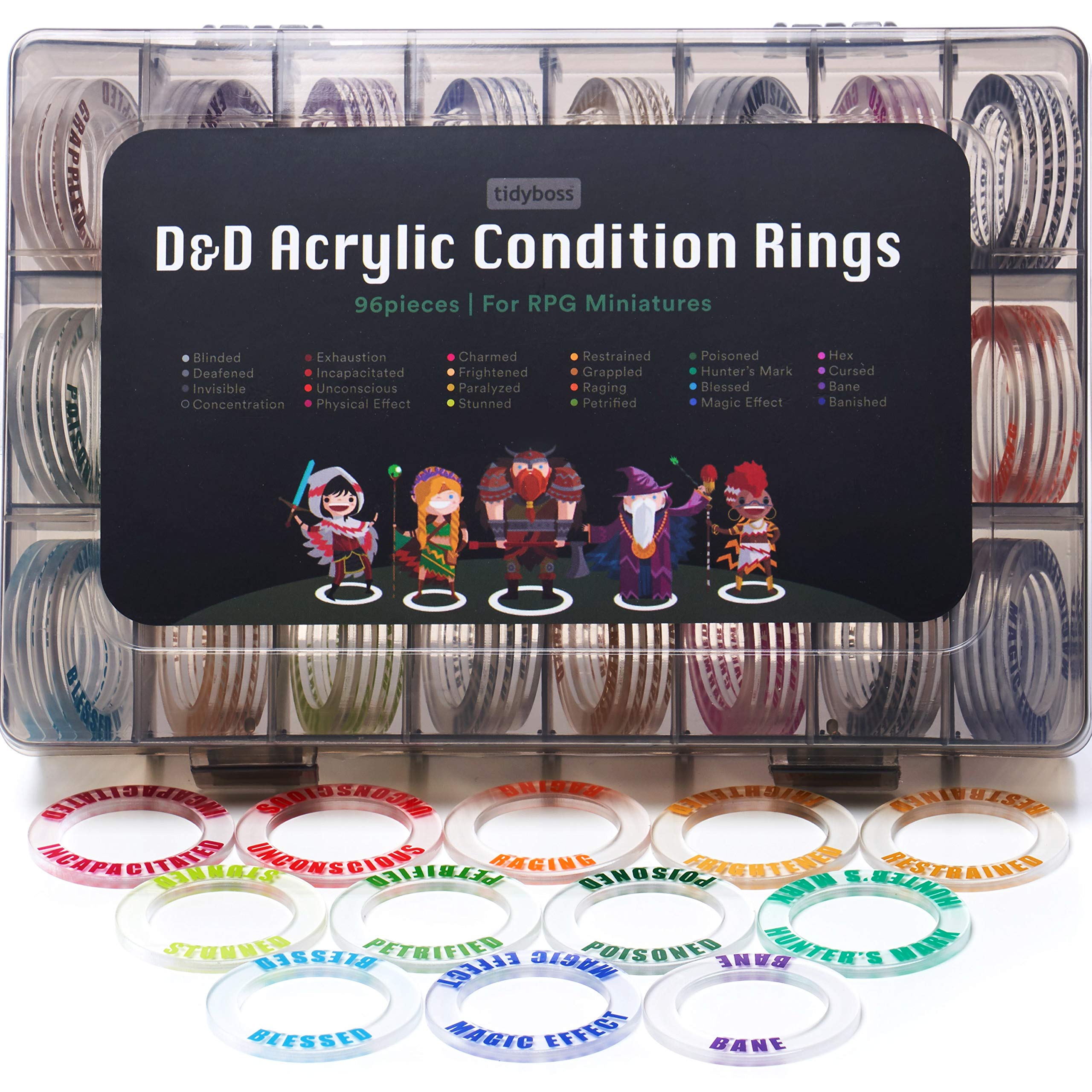 TIDYBOSS DND Accessories Miniatures Acrylic Condition Rings | 96 PCS Status Effects Markers | 24 Conditions for Dungeon and Dragons with Storage Box