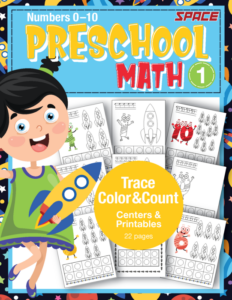 trace, count and color preschool math 1-10 printable worksheets space rocket galaxy theme