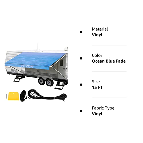 VEVOR RV Awning 15' Camper Awning Fabric, Trailer Awning Canopy Patio Camping Car Awning, Durable 15oz Vinyl Roller Tube for RV, Van, SUV, Patio Awning Replacement Ocean Blue Fade