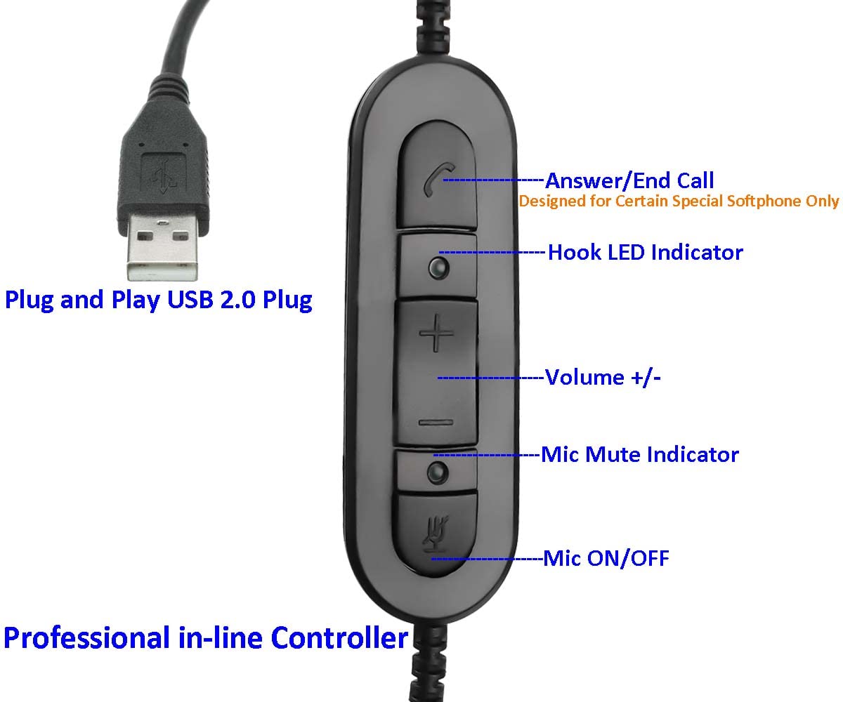 USB Headset with Microphone Noise Cancelling and Volume Controls, Computer PC Headphone with Voice Recognition Mic Works for Dragon Teams Zoom Skype Softphones Conference Calls Online Education etc