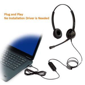 USB Headset with Microphone Noise Cancelling and Volume Controls, Computer PC Headphone with Voice Recognition Mic Works for Dragon Teams Zoom Skype Softphones Conference Calls Online Education etc
