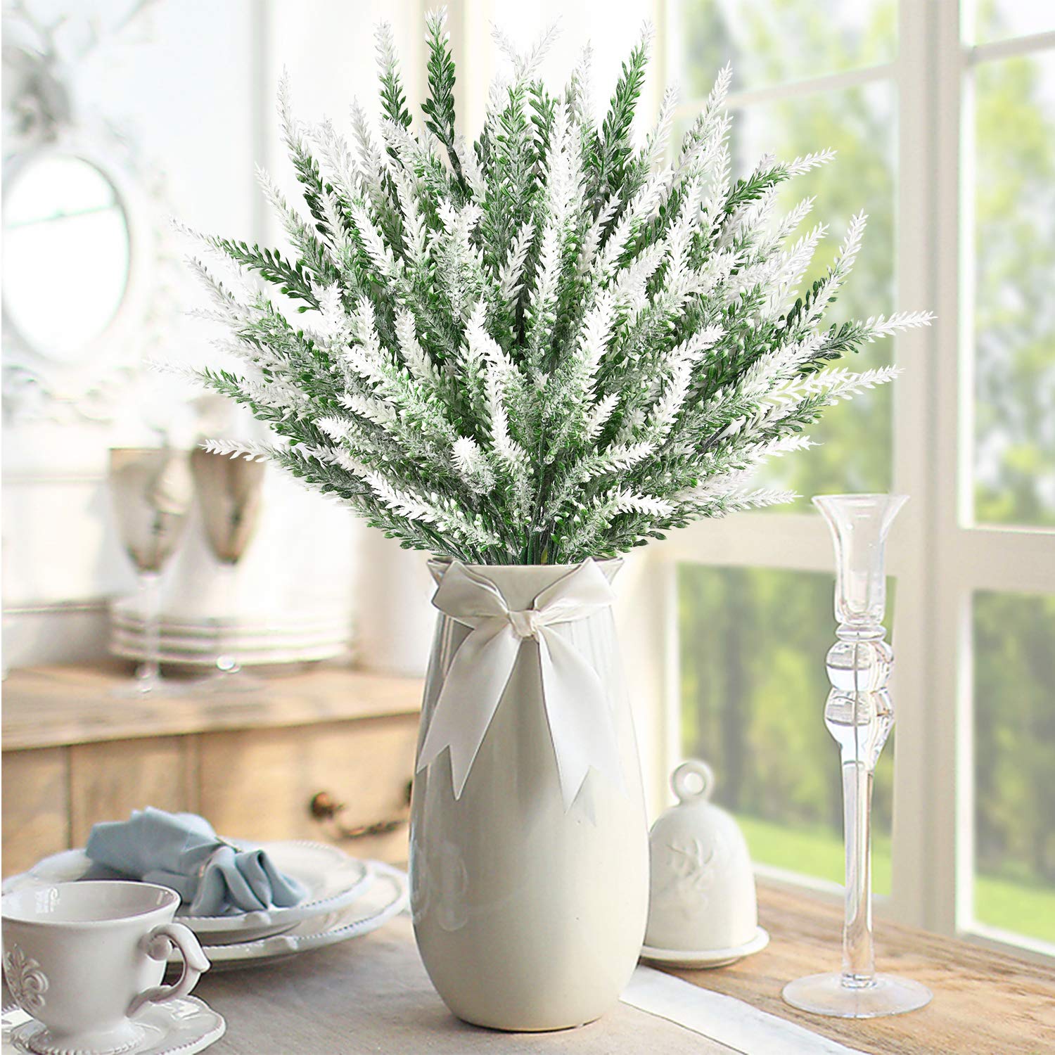 MARTINE MALL 8pcs Artificial Lavender Bouquet White Lavender Bundles Flocked Artificial Flowers Arrangements for Garden Office Wedding Bridle Home Kitchen Indoor Outdoor Decor