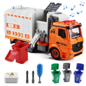 flanney garbage truck toys, diy realistic recycling trash truck toy with light and sound, 4 trash cans, gifts for 3 4 5 6 7 8 year old boys girls toddlers