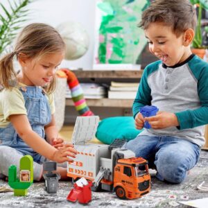 Flanney Garbage Truck Toys, DIY Realistic Recycling Trash Truck Toy with Light and Sound, 4 Trash Cans, Gifts for 3 4 5 6 7 8 Year Old Boys Girls Toddlers