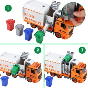 Flanney Garbage Truck Toys, DIY Realistic Recycling Trash Truck Toy with Light and Sound, 4 Trash Cans, Gifts for 3 4 5 6 7 8 Year Old Boys Girls Toddlers