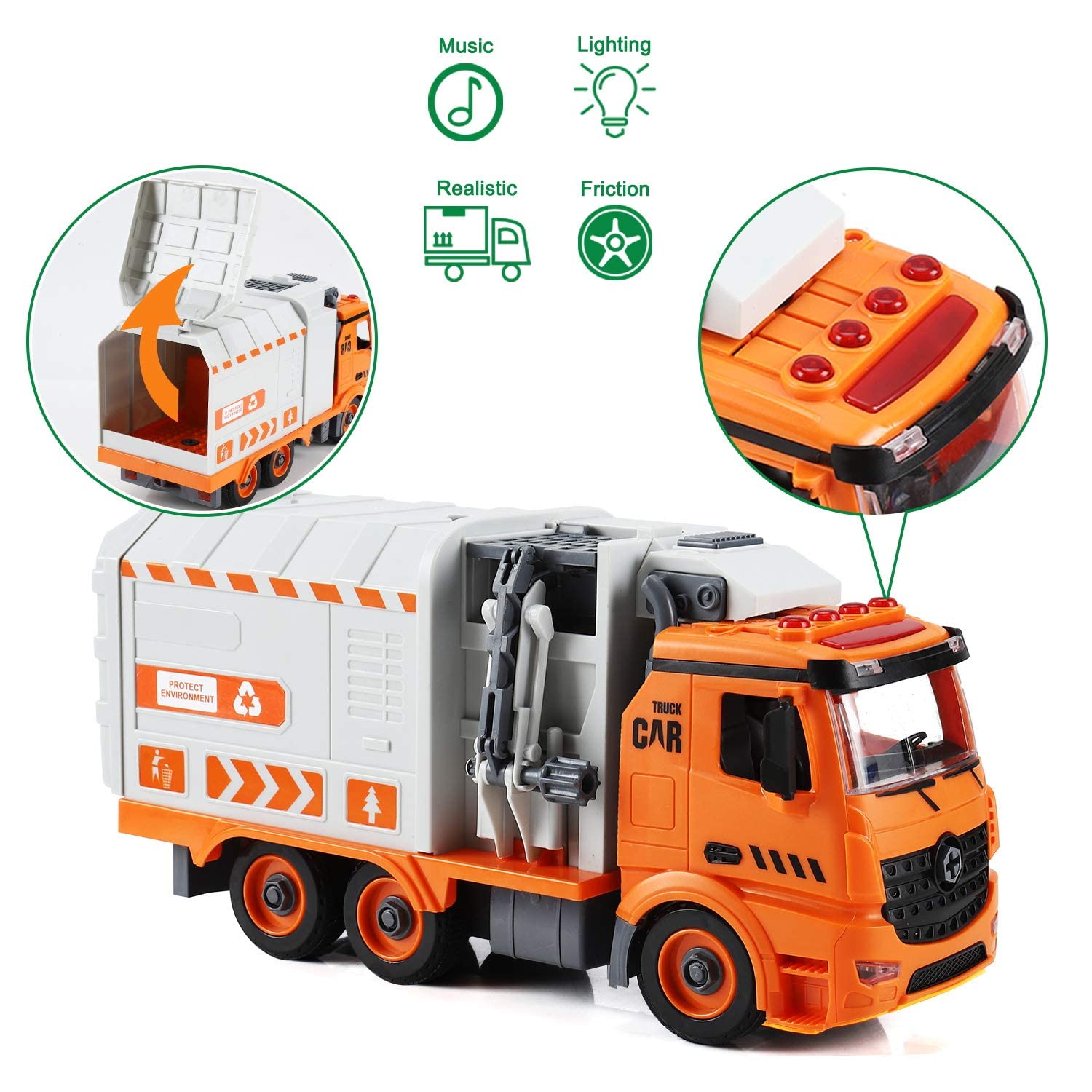 Flanney Garbage Truck Toys, DIY Realistic Recycling Trash Truck Toy with Light and Sound, 4 Trash Cans, Gifts for 3 4 5 6 7 8 Year Old Boys Girls Toddlers