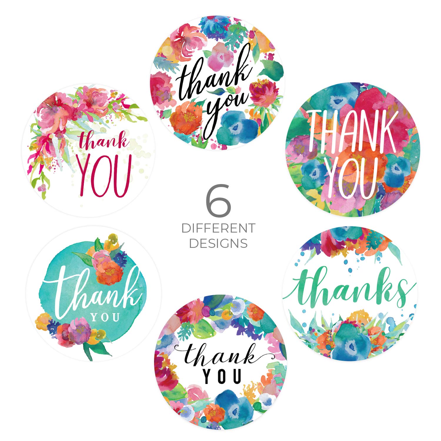 Bright Watercolor Floral Thank You Labels / 1.5” Sticker / 500 Vibrant Color Stickers for Business Or Personal Use