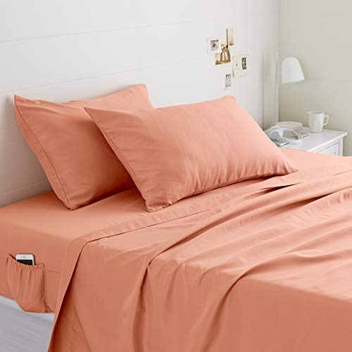 Amazon Basics Soft Microfiber 4-Piece Bed Sheet Set with Elastic Side Pockets, Queen, Bright Salmon, Solid