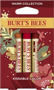 burt's bees kissable color holiday gift set, 3 lip shimmers in festive gift box, warm collection in peony, fig and rhubarb