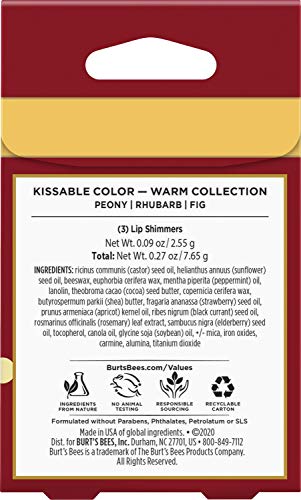 Burt's Bees Kissable Color Holiday Gift Set, 3 Lip Shimmers in Festive Gift Box, Warm Collection in Peony, Fig and Rhubarb