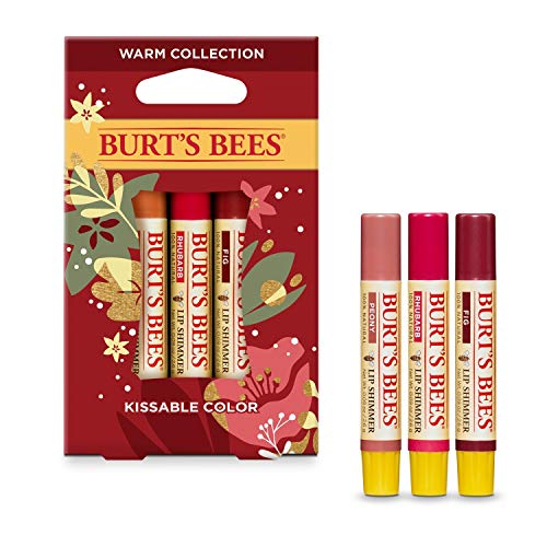 Burt's Bees Kissable Color Holiday Gift Set, 3 Lip Shimmers in Festive Gift Box, Warm Collection in Peony, Fig and Rhubarb