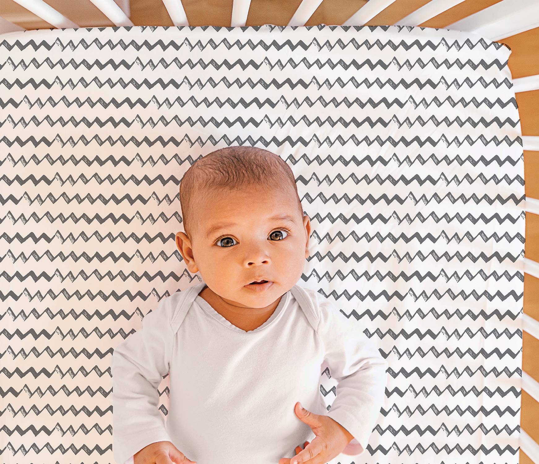 The Peanutshell Crib Sheet Set for Baby Boys or Girls | Safari Party and Black Chevron Stripes | 2 Pack Set