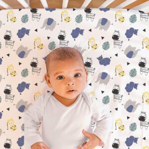 The Peanutshell Crib Sheet Set for Baby Boys or Girls | Safari Party and Black Chevron Stripes | 2 Pack Set