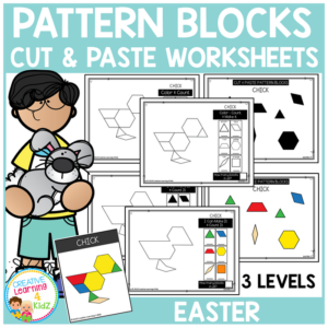 pattern block cut & paste worksheets: easter