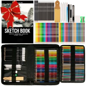 zenacolor 74 pack drawing set, pro art kit include sketchbook, colored, graphite, watercolor, metallic & charcoal pencils for drawing + accessories, art sketch supplies for artists, adults, kids