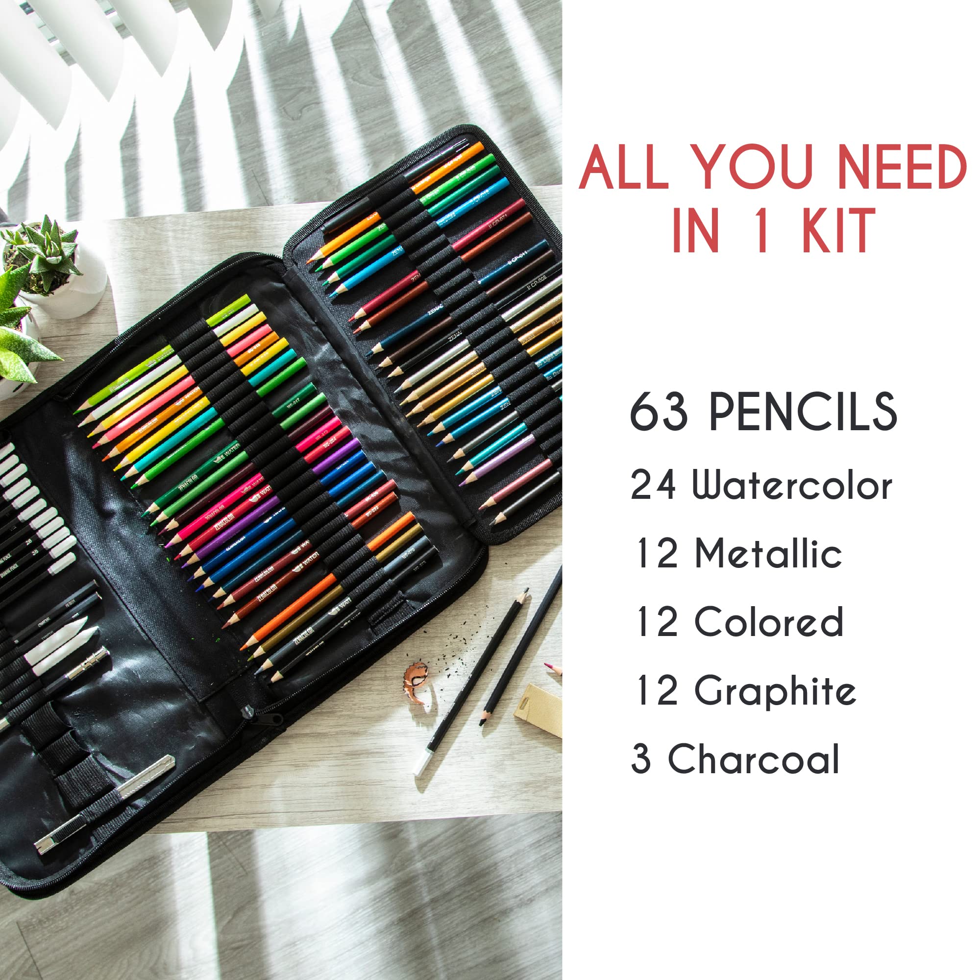 Zenacolor 74 Pack Drawing Set, Pro Art kit include Sketchbook, Colored, Graphite, Watercolor, Metallic & Charcoal Pencils for Drawing + Accessories, Art Sketch Supplies for Artists, Adults, kids