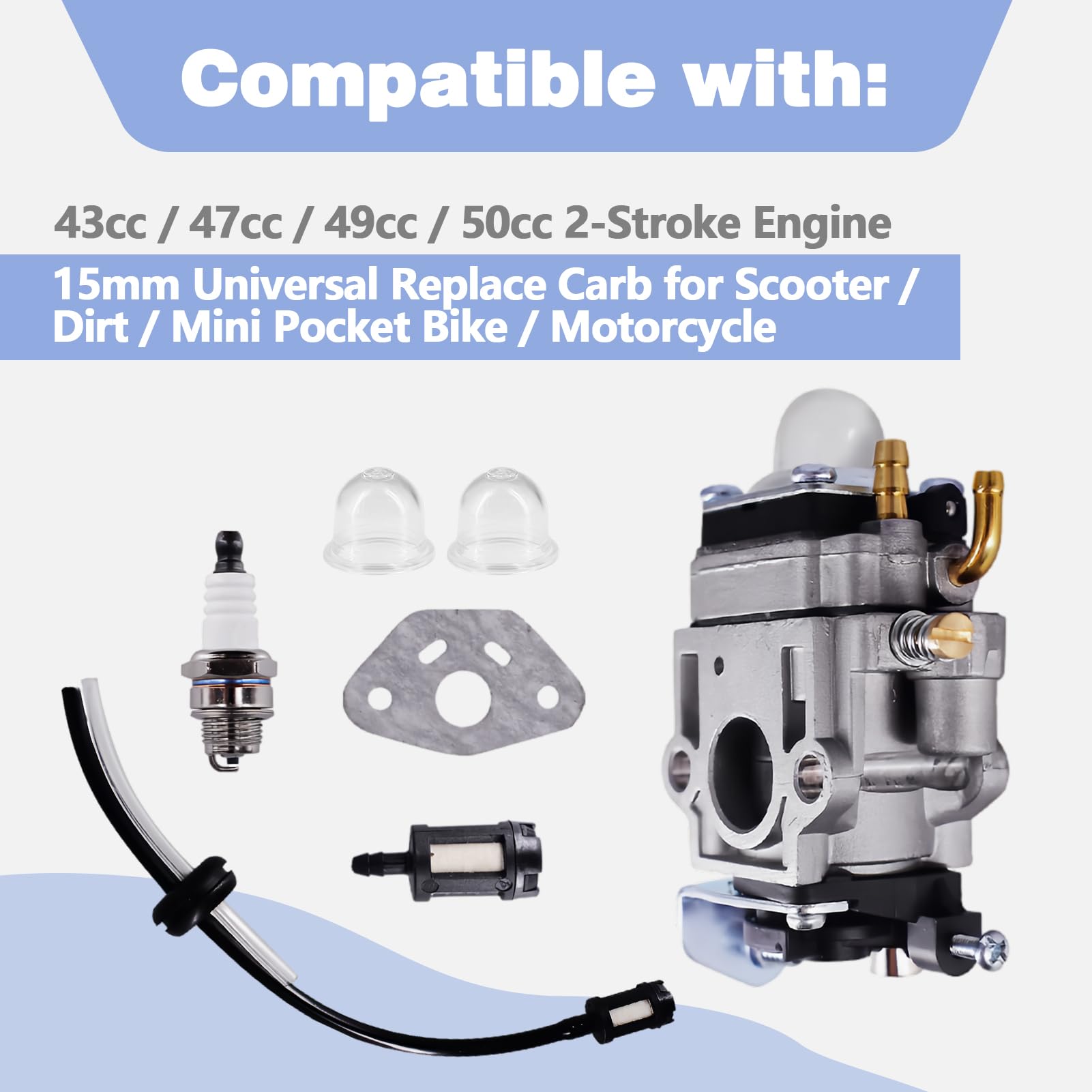 Carburetor Kit Fits for 43cc 47cc 49cc 50cc Scooter Dirt Mini Pocket Bike Motorcycle 2-Stroke Engine 15mm Replace Carb