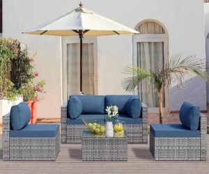 walsunny patio furniture set, 5 pieces outdoor sectional sofa wicker conversation sets with tea table and patio couch cushions(royal blue)