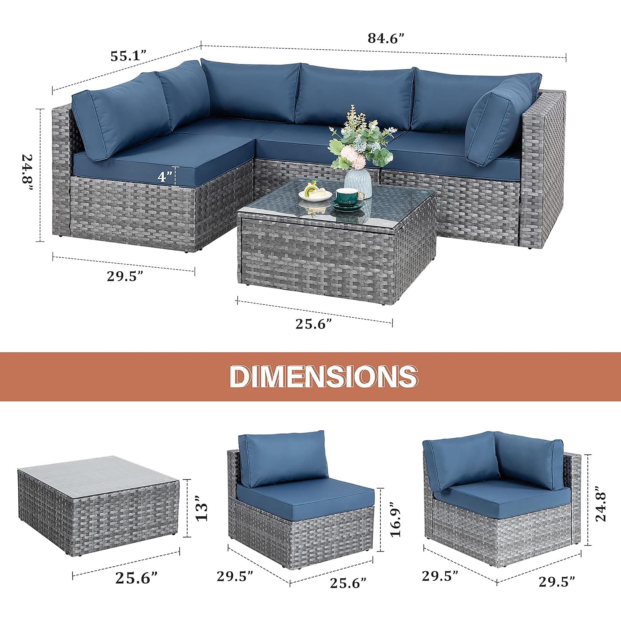 Walsunny Patio Furniture Set, 5 Pieces Outdoor Sectional Sofa Wicker Conversation Sets with Tea Table and Patio Couch Cushions(Royal Blue)