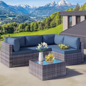 Walsunny Patio Furniture Set, 5 Pieces Outdoor Sectional Sofa Wicker Conversation Sets with Tea Table and Patio Couch Cushions(Royal Blue)