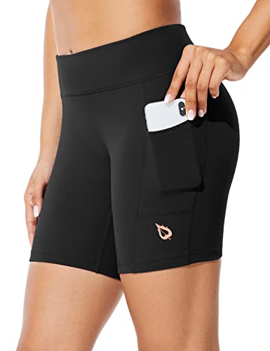 BALEAF Women's 7" Long Compression Running Shorts High Waisted Yoga Biker Shorts with 3 Pockets Black XL