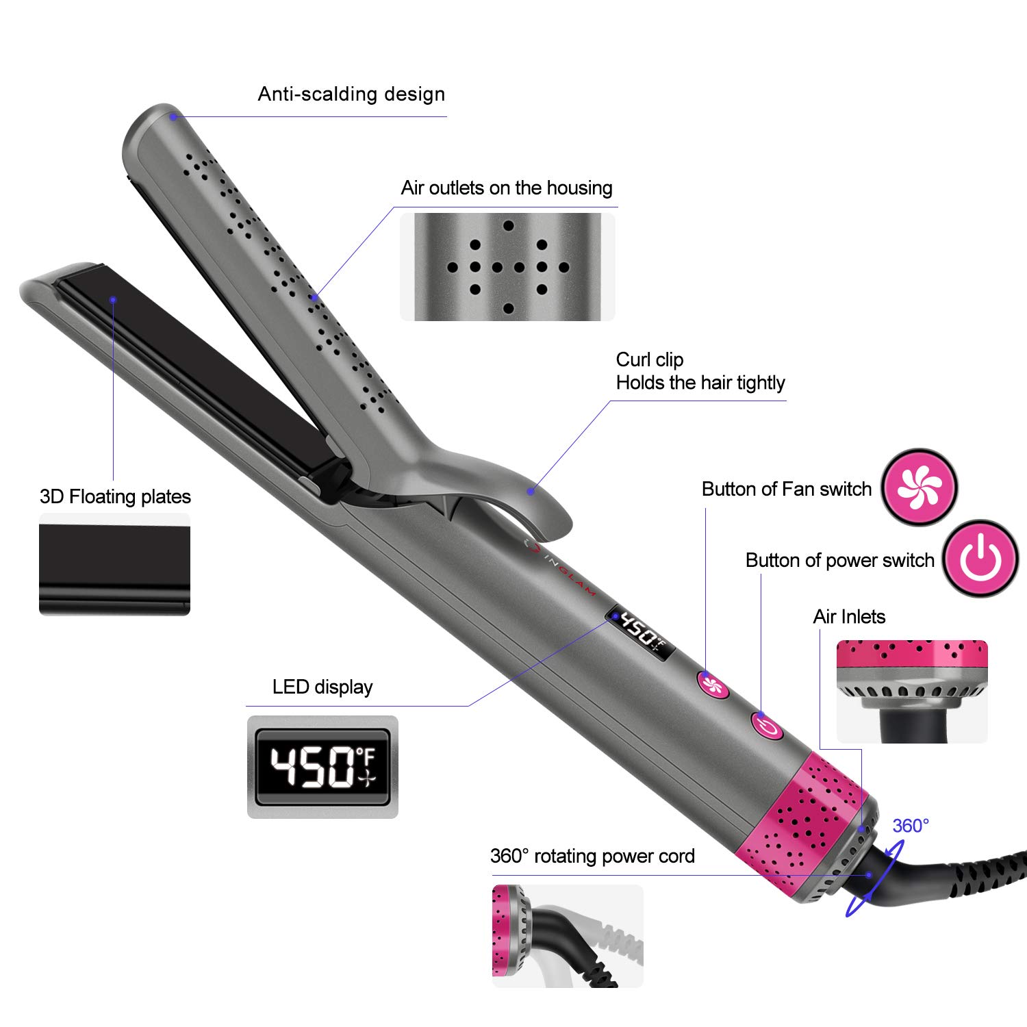 IG INGLAM 360° Airflow Styler Hair Straightener with Cooling Fan, 2 in 1 Professional Straight and Curl Hair Tools