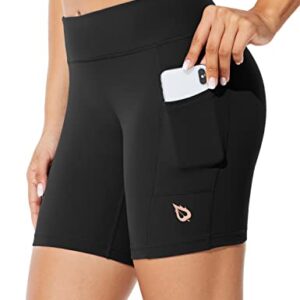 BALEAF Women's 7" Long Compression Running Shorts High Waisted Yoga Biker Shorts with 3 Pockets Black S