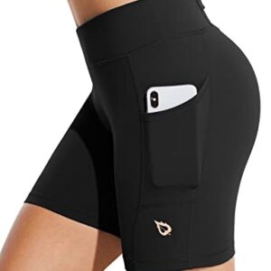 BALEAF Women's 7" Long Compression Running Shorts High Waisted Yoga Biker Shorts with 3 Pockets Black S