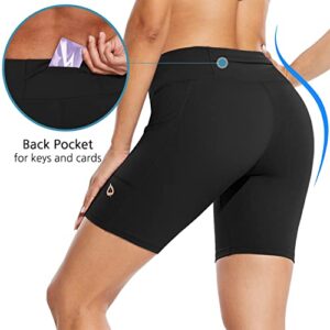 BALEAF Women's 7" Long Compression Running Shorts High Waisted Yoga Biker Shorts with 3 Pockets Black S