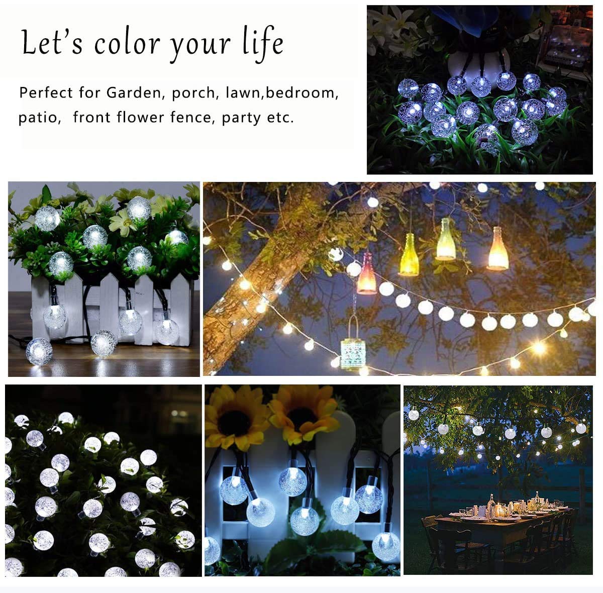 Solar Garden Lights Outdoor, 50 LED 7M/24Ft Solar String Lights Waterproof 8 Modes Indoor/Outdoor Fairy Lights Globe for Garden, Patio, Yard, Home, Party, Wedding, Festival Decoration (Clear White)