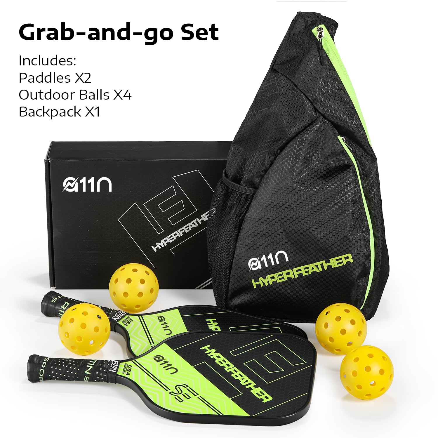 A11N Pickleball Paddles Set of 2 - USAPA Approved | 8OZ, Graphite Face & Polymer Core, Cushion Grip | 4 Balls, 1 Sling Bag, Shiny Green