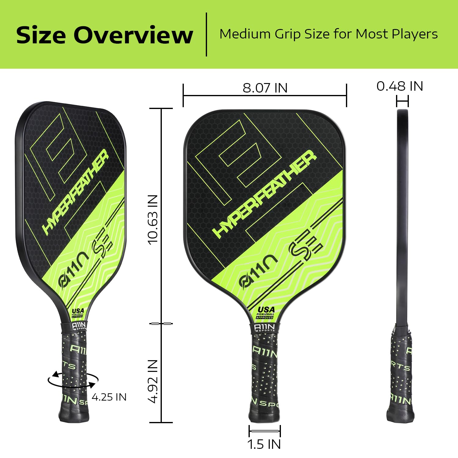 A11N Pickleball Paddles Set of 2 - USAPA Approved | 8OZ, Graphite Face & Polymer Core, Cushion Grip | 4 Balls, 1 Sling Bag, Shiny Green