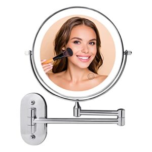 wall mounted lighted makeup mirror, 1x 10x magnifying mirror with light 3 color dimmable, 8'' double sided led light up bathroom vanity mirror with magnification, 360° extendable arm shaving mirror