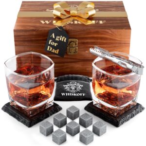 Whiskey Glass Set of 2 - Fathers Day Dad Gifts for Men - Bourbon Whiskey Stones Wood Box Gift Set - Includes Crystal Whisky Glasses, Chilling Rocks, Slate Coasters for Scotch Burbon