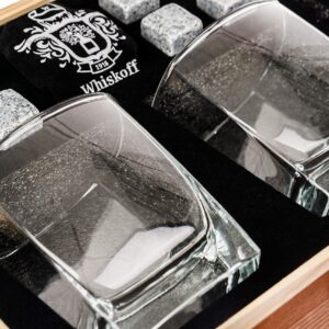 Whiskey Glass Set of 2 - Fathers Day Dad Gifts for Men - Bourbon Whiskey Stones Wood Box Gift Set - Includes Crystal Whisky Glasses, Chilling Rocks, Slate Coasters for Scotch Burbon