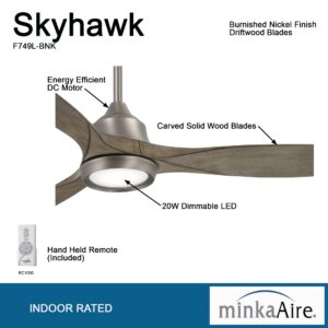 MINKA-AIRE F749L-BNK Skyhawk 60 Inch LED Ceiling Fan with Carved Wood Blades, Integrated LED Light and DC Motor in Burnished Nickel Finish