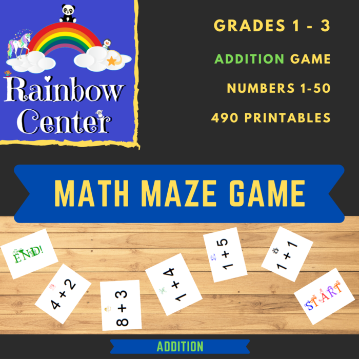 Math Maze Game - Addition - Printable Game Using All Number Combinations 1-50 - Grades 1 to 3 - 490 Printables