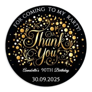 personalized customized labels tags,customizable stickers thank you for coming gold confetti birthday black classic round sticker for business custom made stickers, 100 stickers2x2"