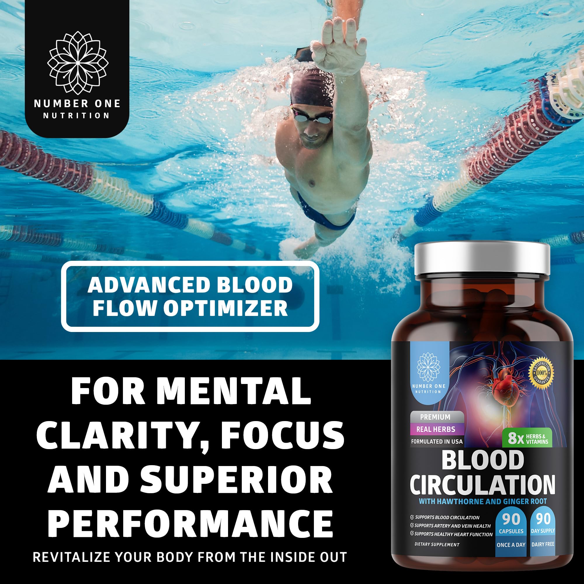 Number One Nutrition N1N Premium Blood Supplement [8 Powerful Herbs & Vitamins] All Natural Blood Flow Supplement with Hawthorn, Butchers Broom and Cayenne Pepper, 90 Caps