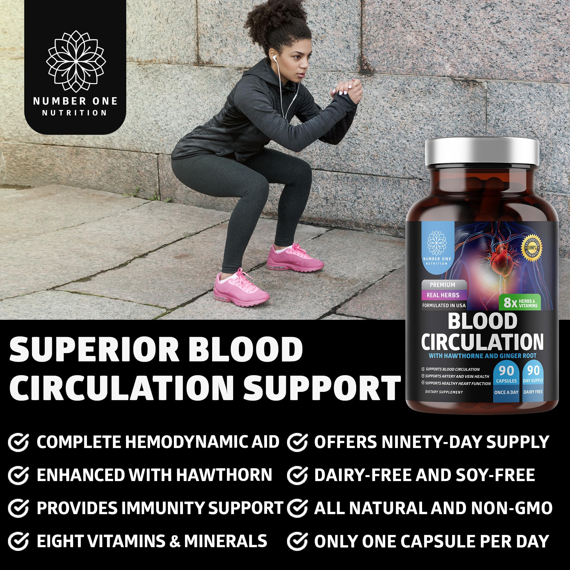 Number One Nutrition N1N Premium Blood Supplement [8 Powerful Herbs & Vitamins] All Natural Blood Flow Supplement with Hawthorn, Butchers Broom and Cayenne Pepper, 90 Caps